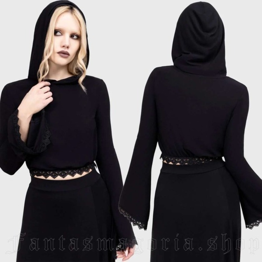 killstar darkwood grove hooded top flares sleeve lace trimming extra Large